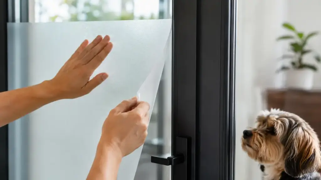installing-frosted-privacy-decal-films-on-glass-door-panels-to-stop-canine-visual-triggers