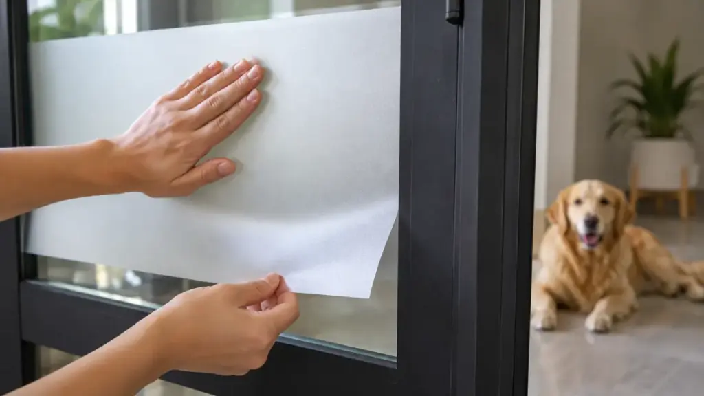 installing frosted privacy decal films on glass door panels to stop canine visual triggers 1234444