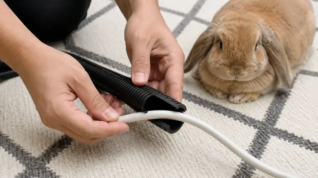 installing-protective-plastic-conduit-sleeves-over-appliance-power-cords-indoors