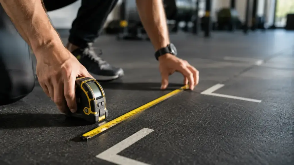 instructor-measuring-safe-spacing-intervals-on-a-gym-floor