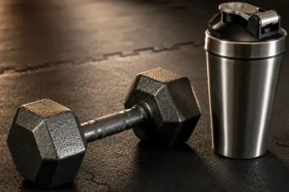 iron dumbbell resting next to a silver shaker bottle on a gym mat gym