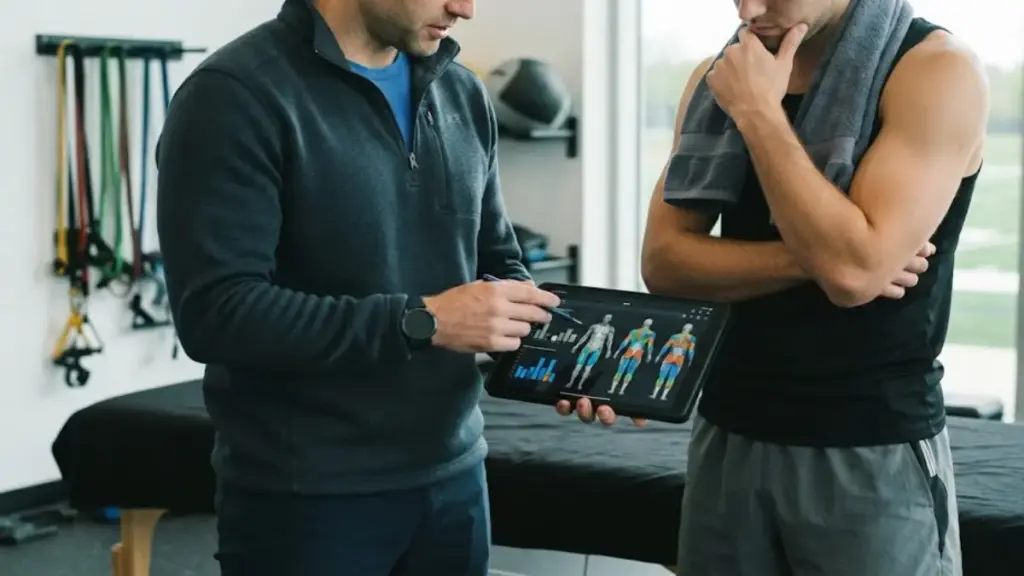 kinesiologist-showing-muscular-engagement-charts-on-a-tablet-to-an-athlete-thecouch