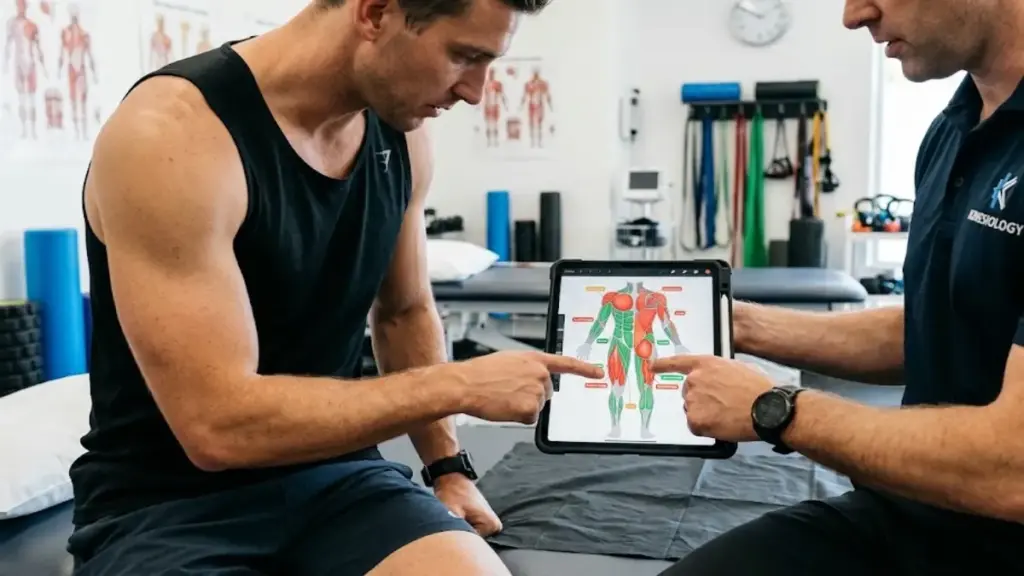 kinesiologist-showing-muscular-recovery-charts-on-a-tablet-to-an-athlete