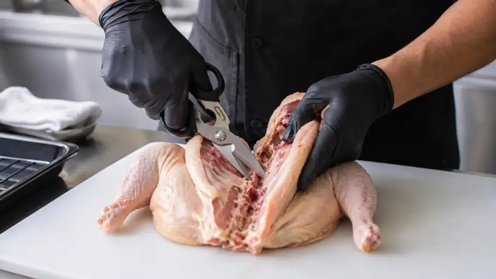 kitchen-chef-using-heavy-shears-to-spatchcock-a-chicken-for-a-delish-recipe