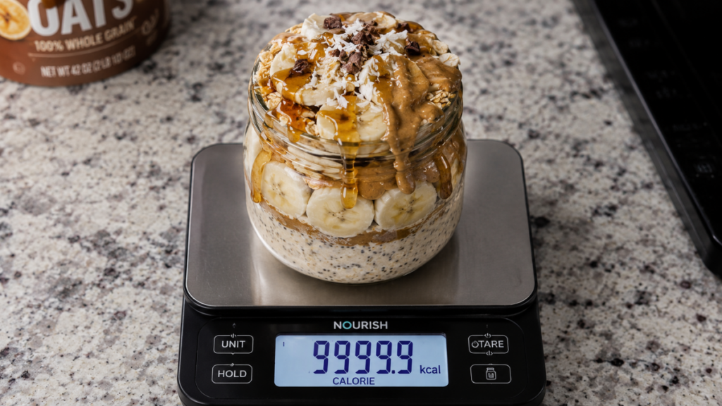 kitchen-scale-weighing-high-calorie-jar-showing-weight-gain-side-effects-of-eating-overnight-oats