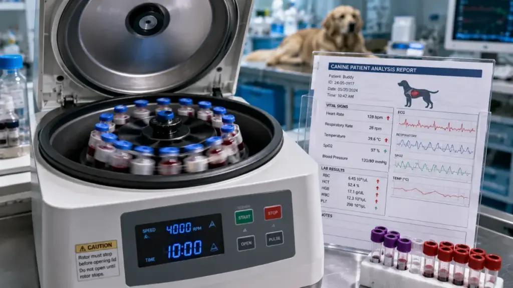 laboratory-centrifuge-machine-with-blood-chemistry-readout-sheets-for-dangerous-colors-of-dog-feces