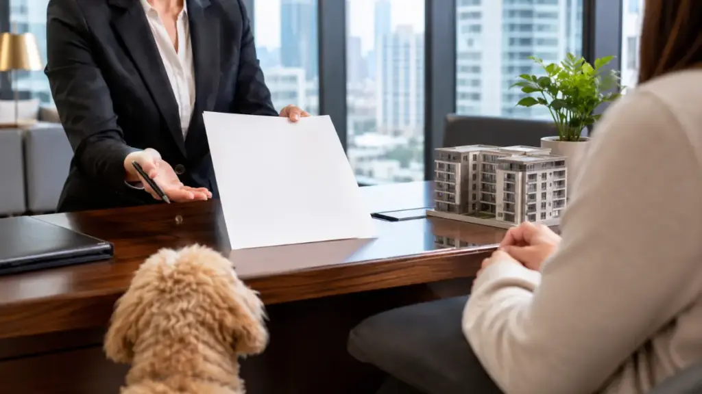 leasing-office-manager-reviewing-a-pet-addendum-form-for-an-apartment