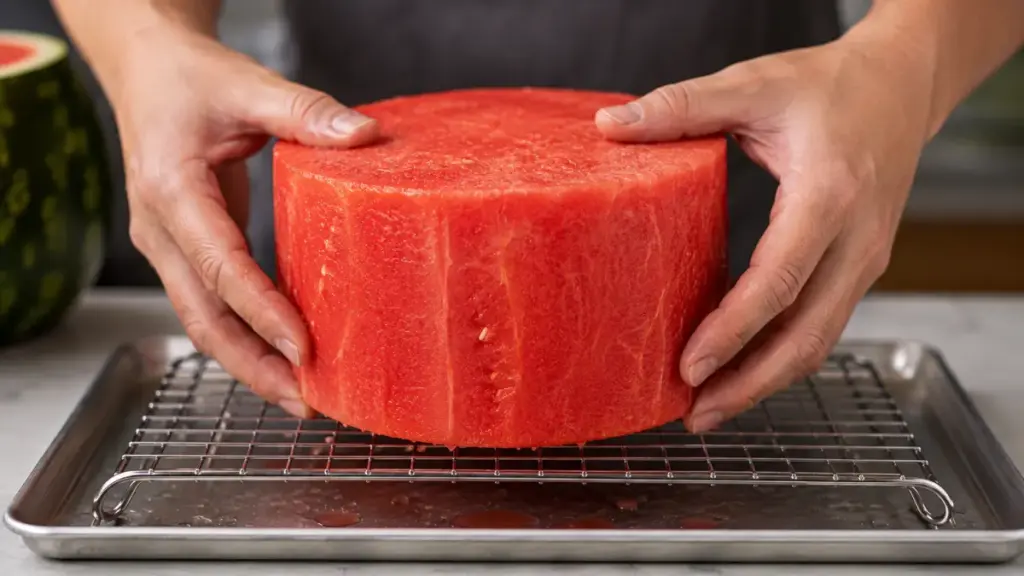letting-a-carved-watermelon-cylinder-drain-on-a-wire-rack-for-a-water-melon-cake