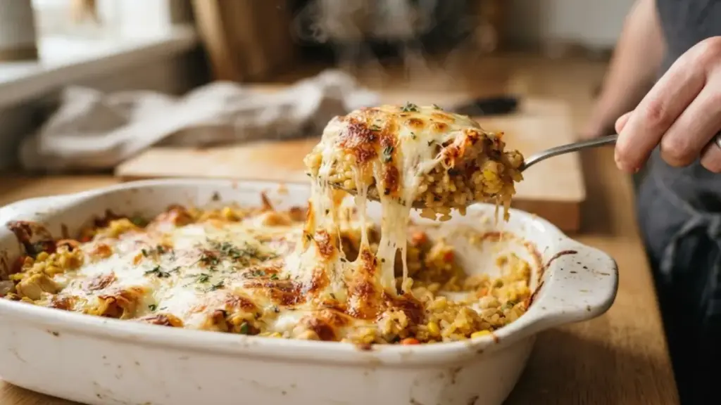 lifting-a-spoonful-of-melted-mozzarella-cheese-crust-from-baked-left-over-rice