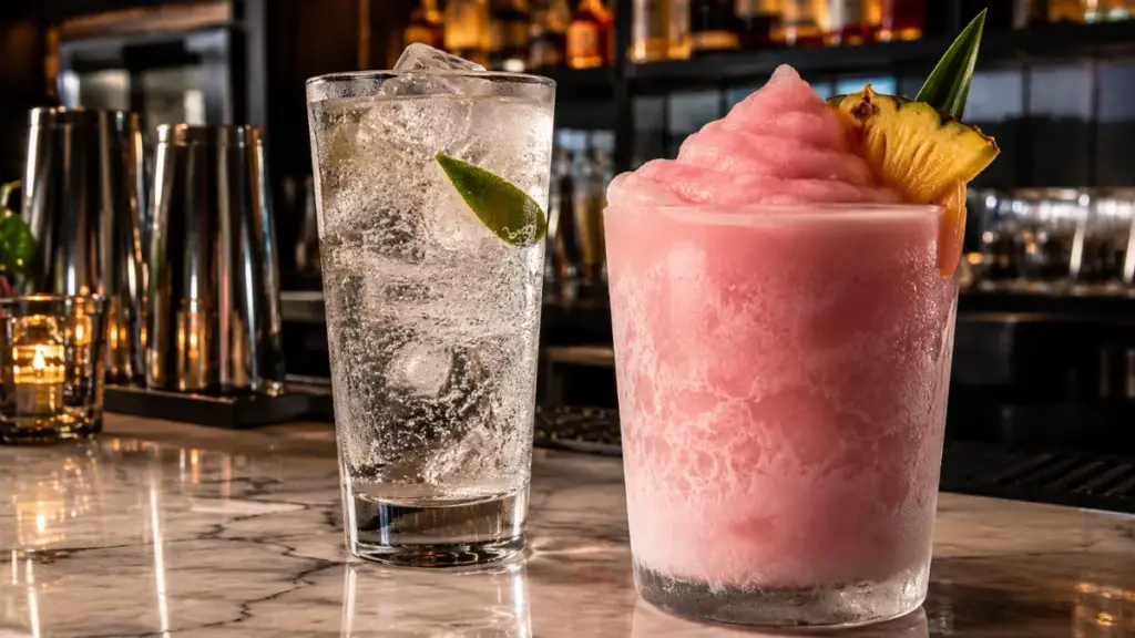 light-refreshing-vodka-soda-contrasted-with-heavy-tropical-cream-drink-to-evaluate-summer-cocktail-drinks