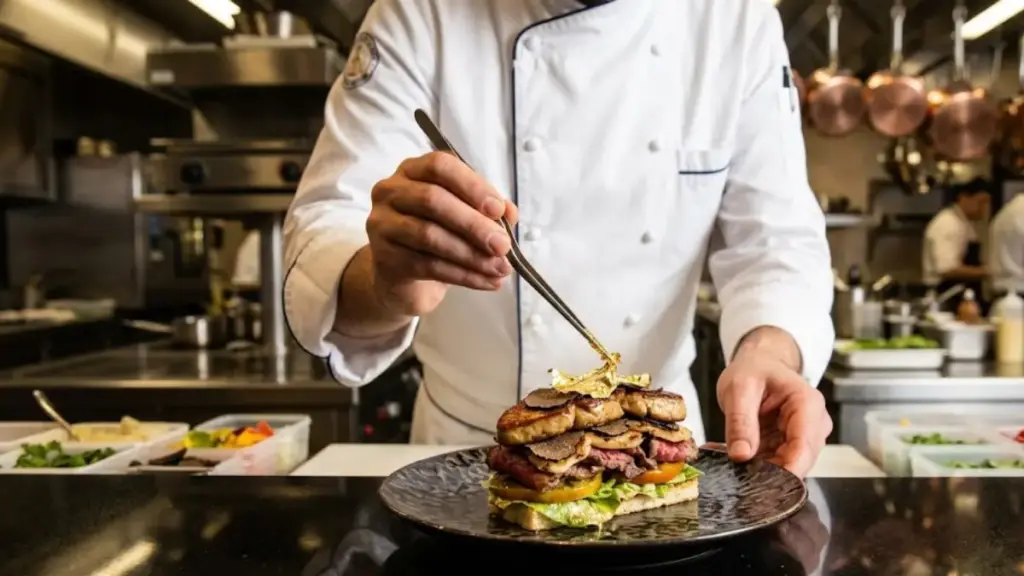 luxury-restaurant-chef-decorating-a-sandwich-assembly-with-gold-leaf-sheets