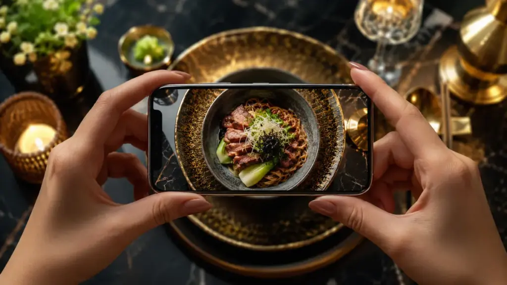 taking-photo-of-gourmet-fusion-noodle-bowl-at-luxury-restaurant-for-social-media