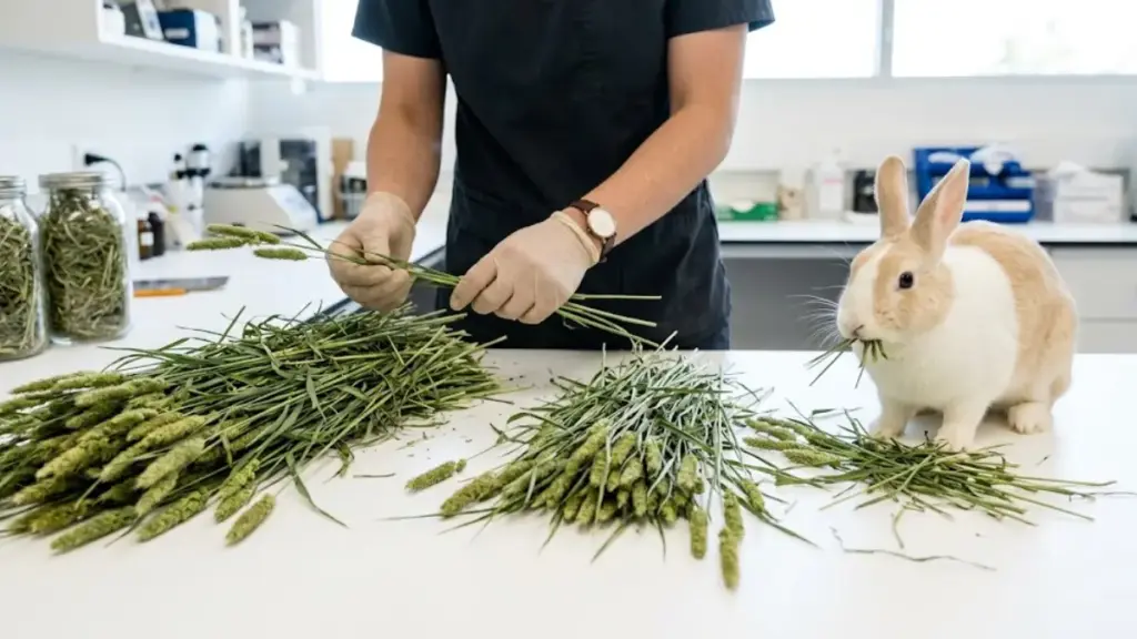 manual-sorting-of-fresh-green-timothy-hay-forage-stalks-for-american-fuzzy-lop-rabbit