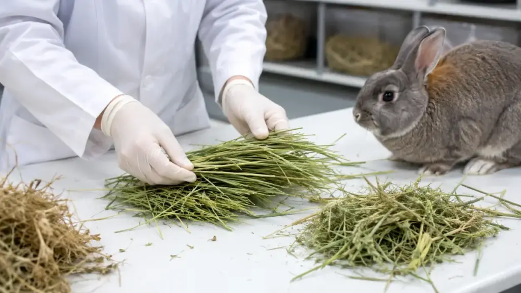 manual-sorting-of-fresh-green-timothy-hay-forage-stalks-for-american-fuzzy-lop-rabbit
