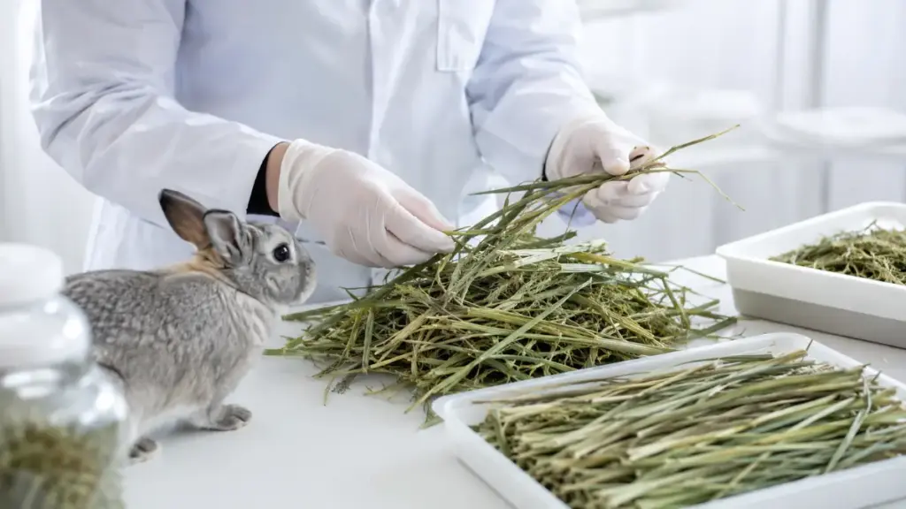 manual-sorting-of-fresh-green-timothy-hay-forage-stalks-for-holland-lop-bunny