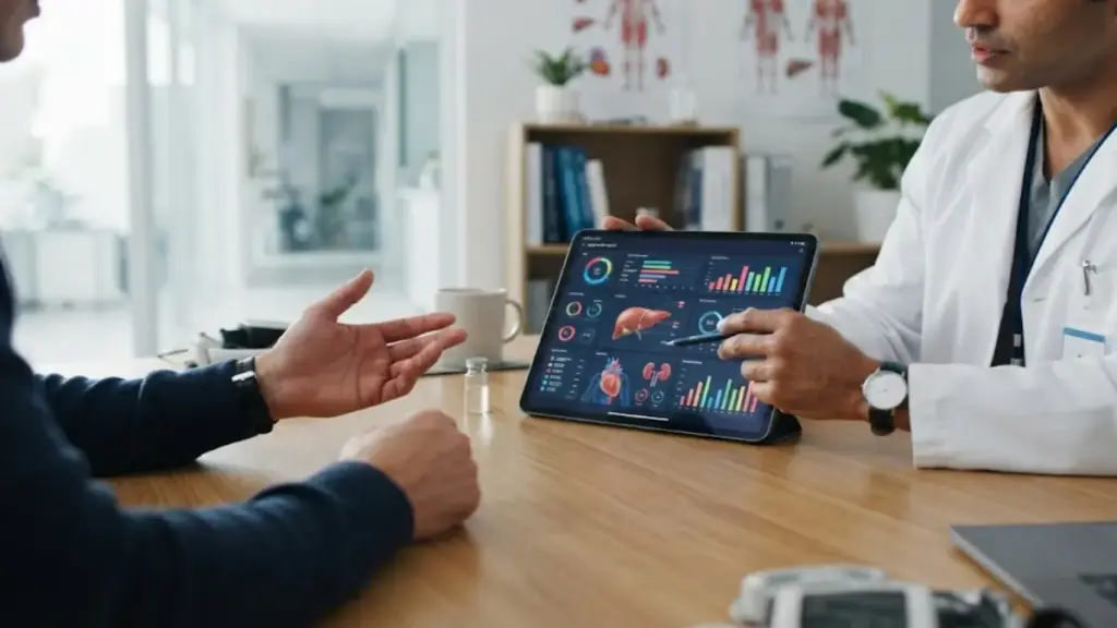medical-doctor-explaining-organ-health-report-on-a-tablet-screen-to-a-patient