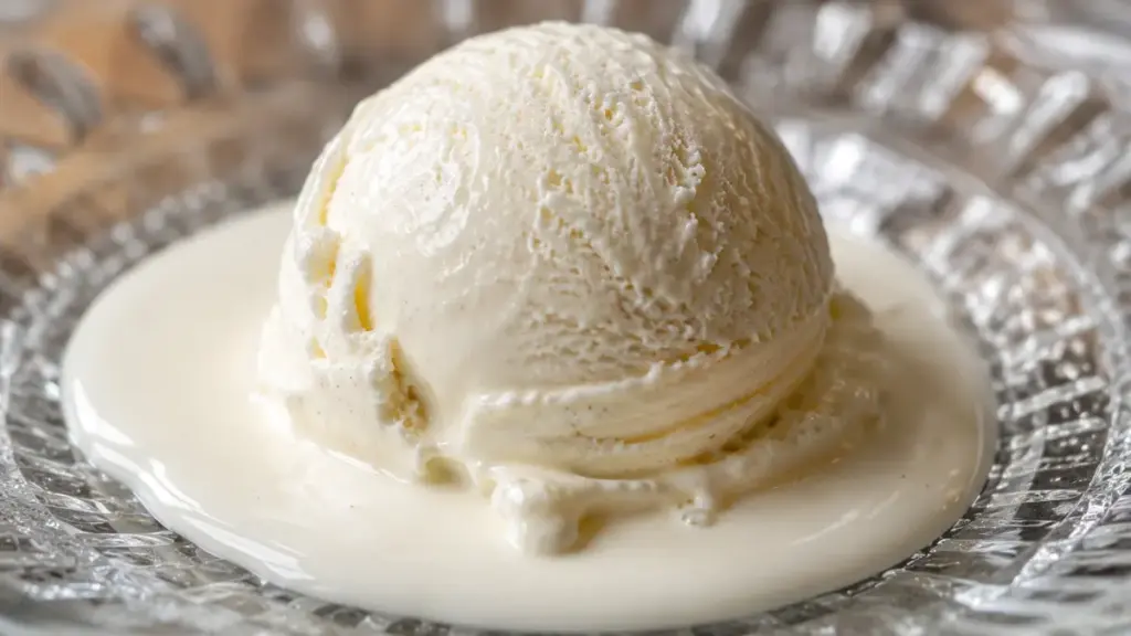 melting-scoop-of-vanilla-cream-on-a-plate-forming-a-thick-liquid