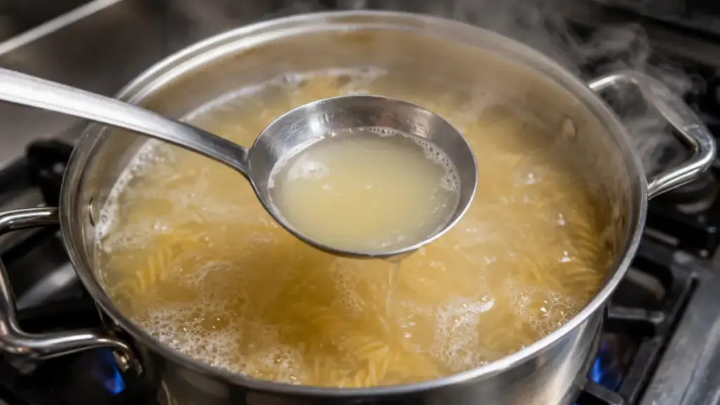 metal-ladle-rescuing-cloudy-starchy-pasta-cooking-water-from-a-boiling-pot