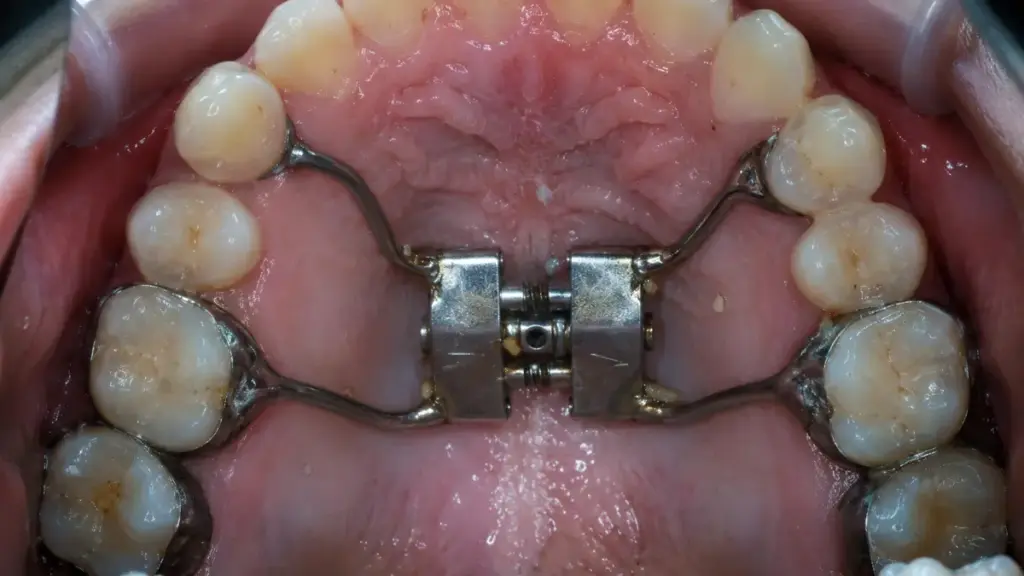 metal palate expanders in adult mouth