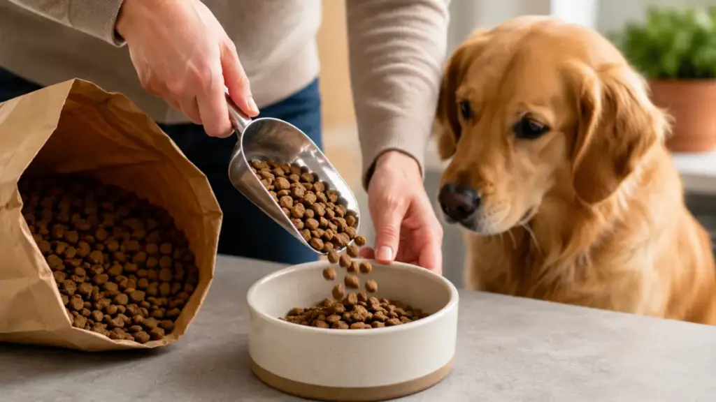 metal-scoop-transferring-dry-kibble-into-a-clean-ceramic-dog-bowl-to-test-for-fake-dog-food