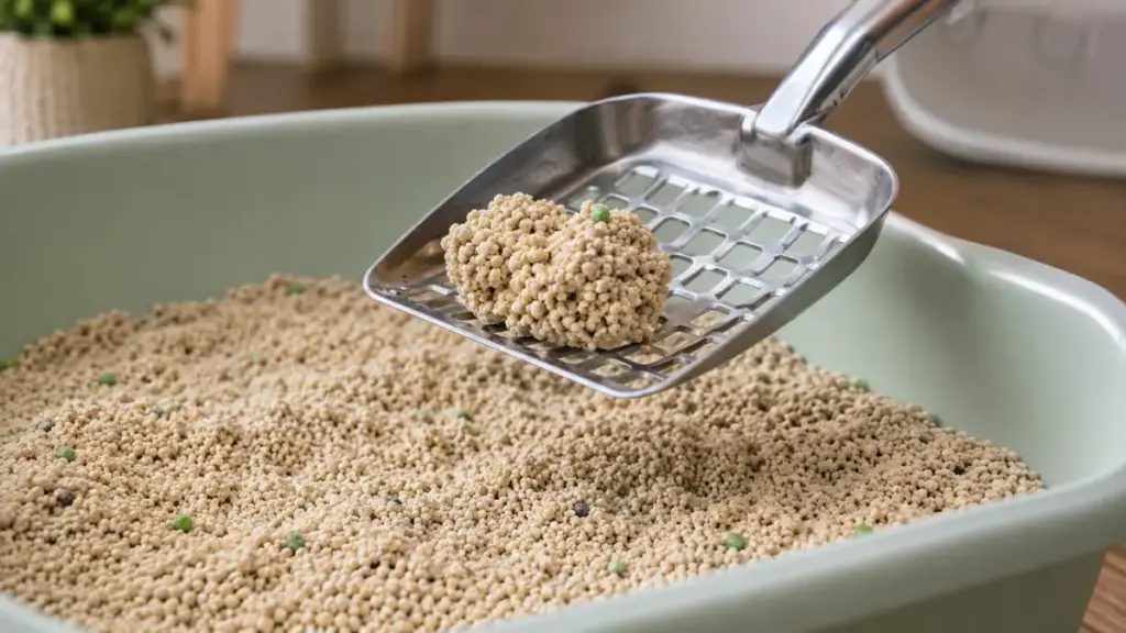 metal sifting scoop removing a solid urine clump from a clean litter box Stop cat peeing
