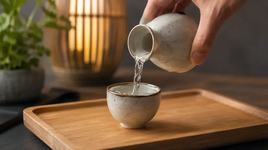 miniature-ceramic-cup-receiving-a-precise-pour-of-warmed-japanese-wine-rice
