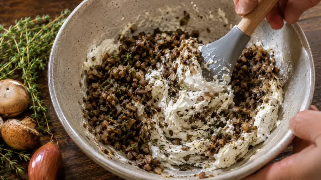 mixing-cream-cheese-and-sautéed-mushrooms-with-thyme-for-a-mini-steak-wellington-recipe