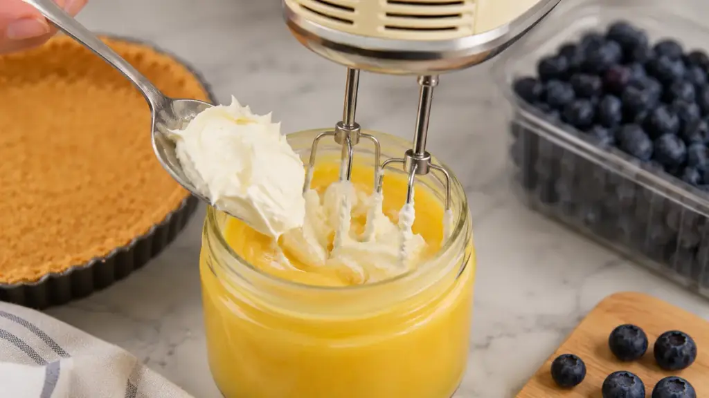 mixing-cream-cheese-into-lemon-curd-to-thicken-the-filling-for-a-blueberry-lemon-tart