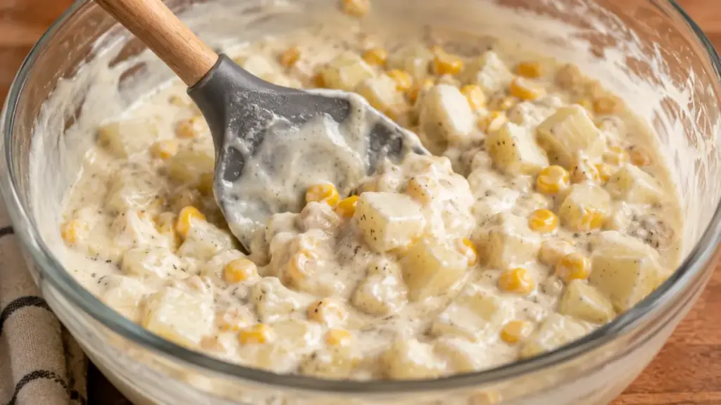 mixing-diced-potatoes-and-corn-into-cream-filling