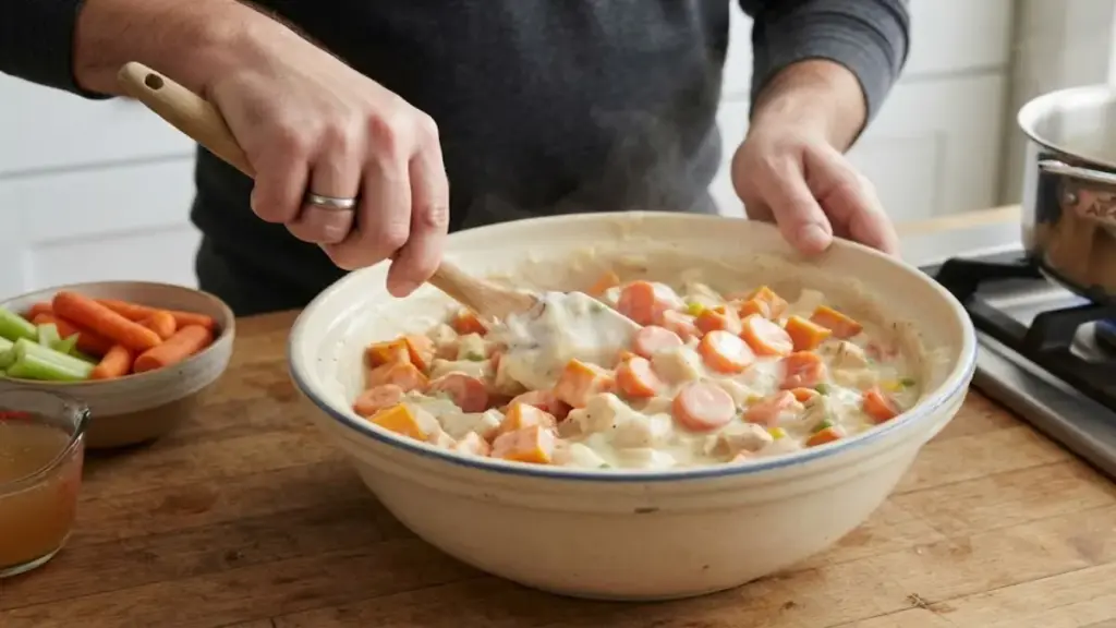mixing-diced-sweet-potatoes-and-carrots-into-pastry-cream-filling-for-creative-chicken-pot-pie-recipes