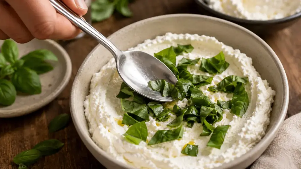 mixing-fresh-basil-and-herbs-into-whipped-ricotta-cheese-for-cottage-cheese-meals