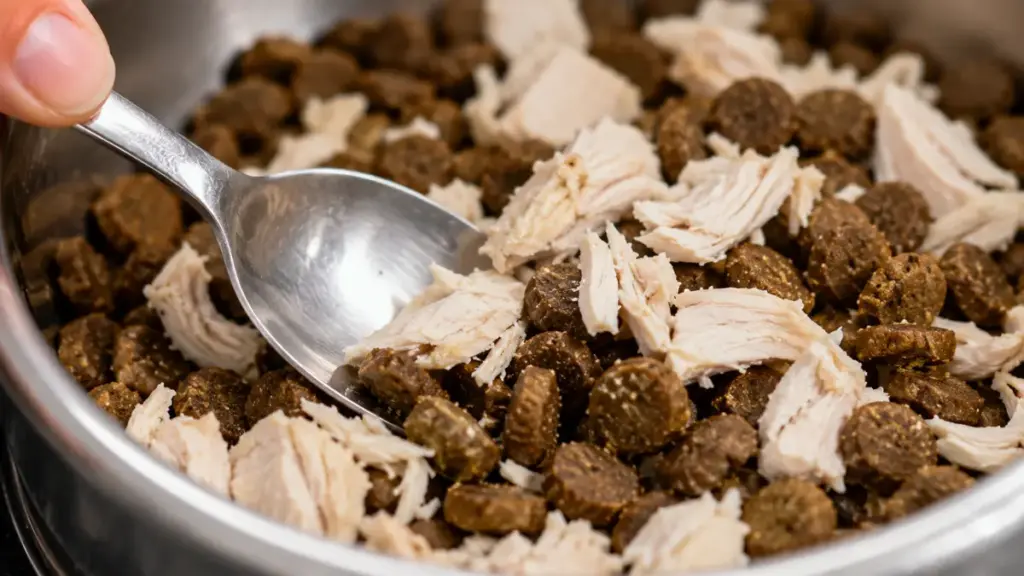 mixing-fresh-chicken-breast-with-dry-dog-food-in-a-metal-bowl
