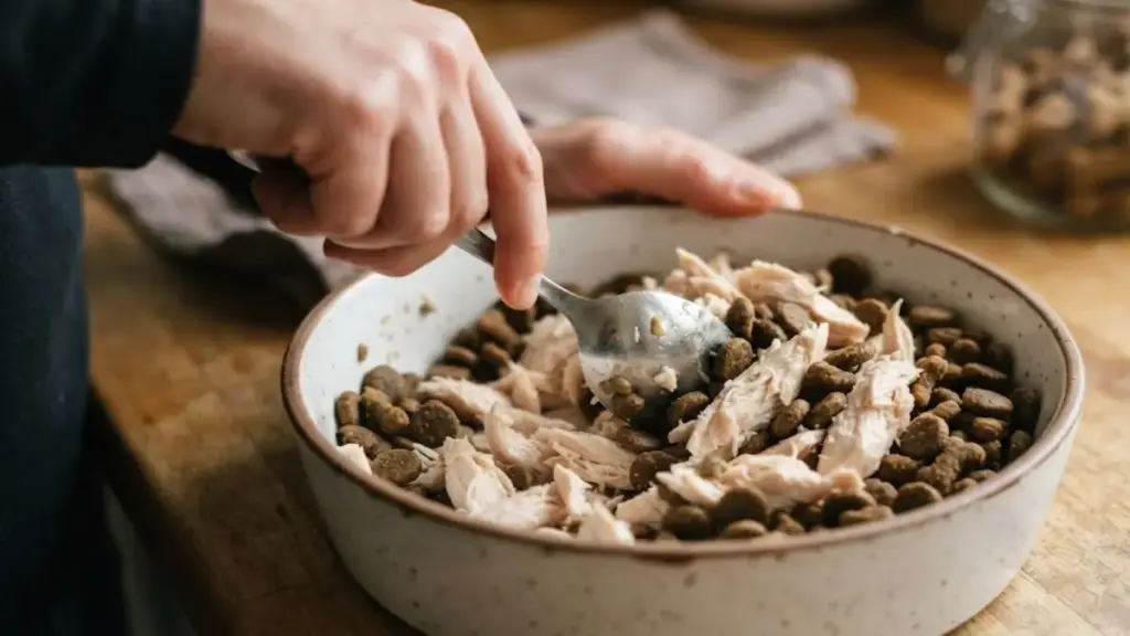 mixing-fresh-chicken-breast-with-dry-dog-food-in-a-metal-bowl-to-avoid-food-recalls-dog