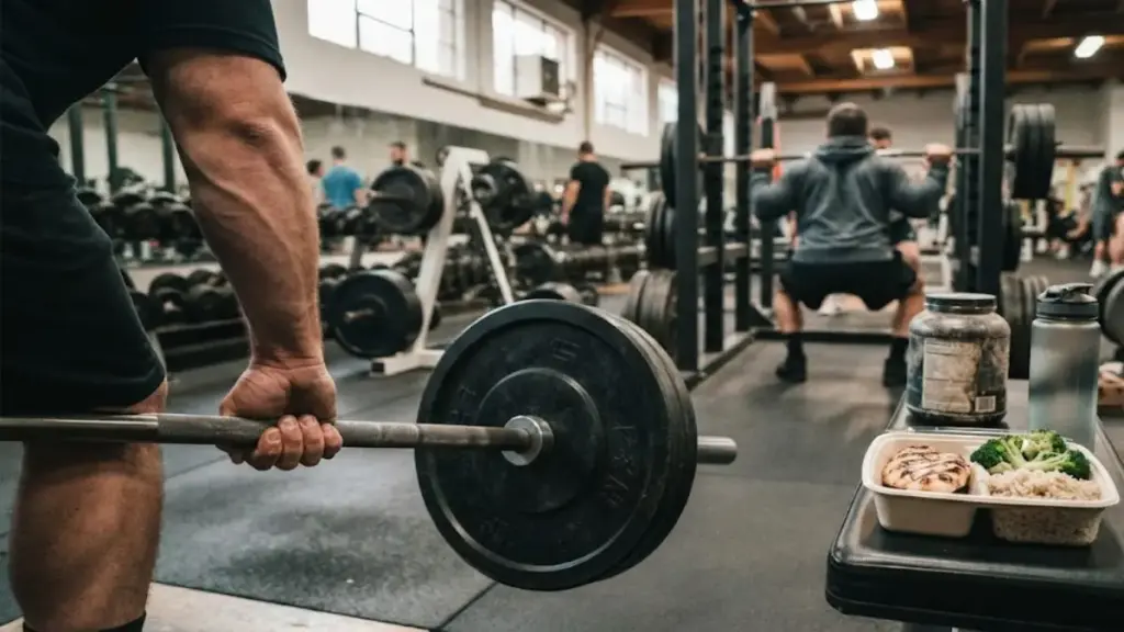 athlete-resting-on-a-gym-bench-holding-a-glass-of-water-to-avoid-bodybuilding-myths
