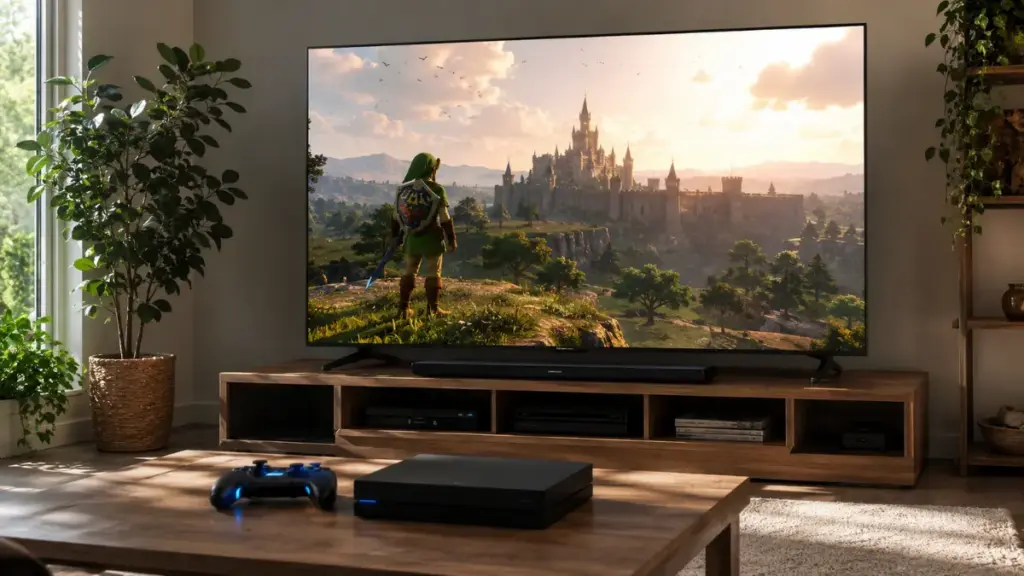 modern-television-displaying-fantasy-game-cutscene