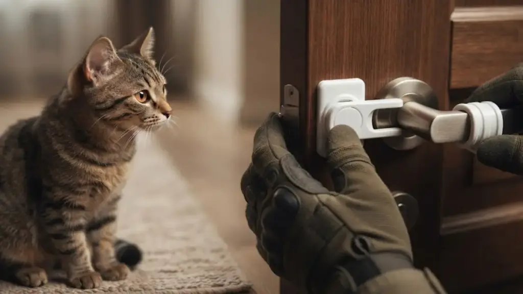 mounting-a-childproof-lever-lock-on-a-door-handle-for-aggressive-cat-training