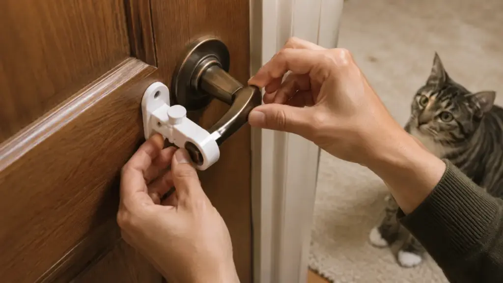 mounting-a-childproof-lever-lock-on-a-door-handle-for-cat-training