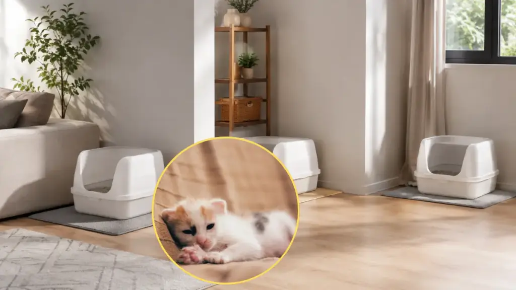 multiple-clean-white-litter-boxes-spaced-across-an-apartment-living-room-for-kitty-litter