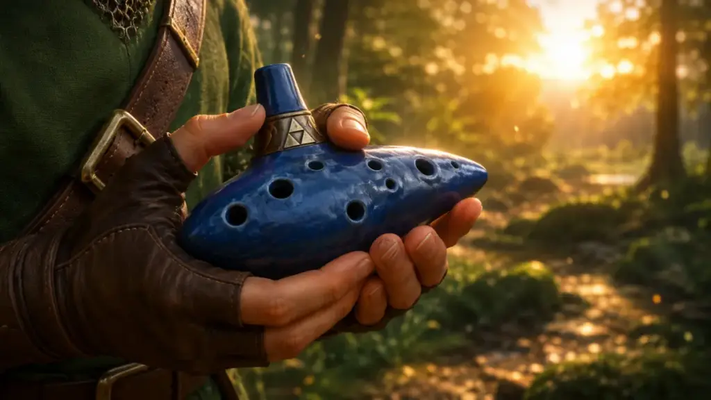 musician-hands-holding-blue-ocarina-in-sunlit-forest-for-ocarina-of-time-remake
