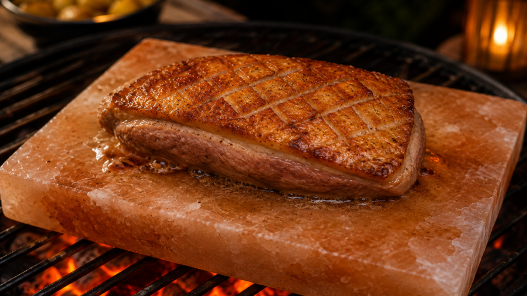 Rock salt seared goose breast prep process demonstrating the 4 must-have foods for an outdoor cookout guidelines