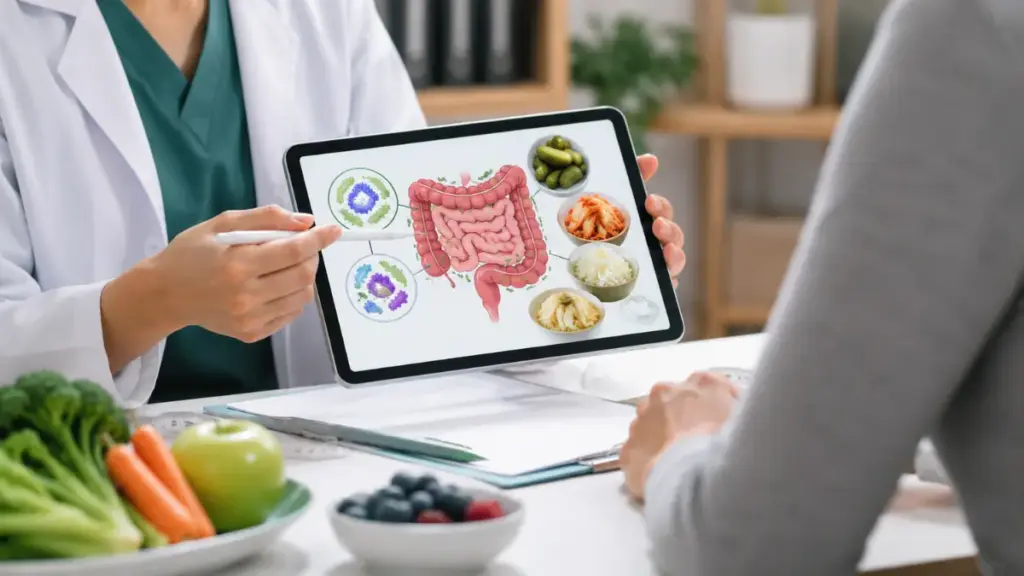 nutritionist-showing-a-gut-bacteria-diagram-to-a-client-on-a-tablet-explaining-fermented-foods-for-gut-health