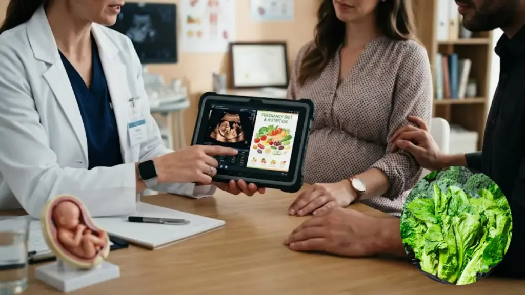 obstetrician-showing-ultrasound-charts-on-a-tablet-to-expecting-parents