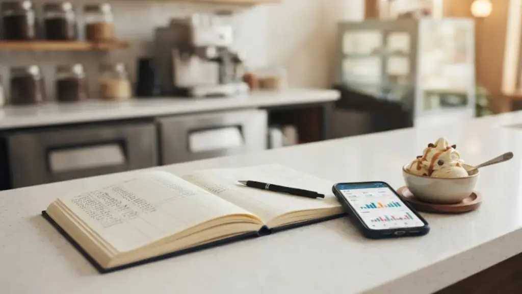open-accounting-ledger-book-placed-next-to-a-smartphone-showing-finance-charts-for-an-ice-cream-shop