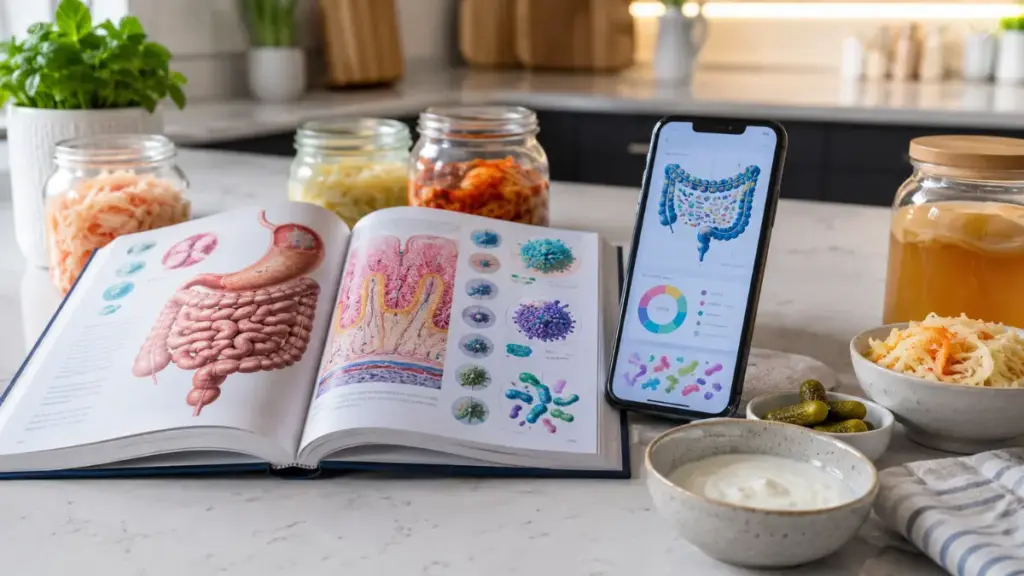 open-biology-textbook-placed-next-to-a-smartphone-showing-microbiome-charts-dkf