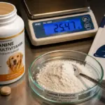 open canine probiotic bottle on veterinary desk