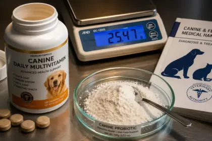 open canine probiotic bottle on veterinary desk