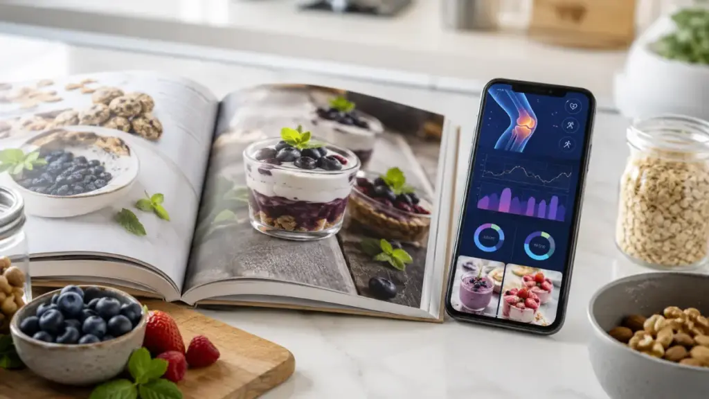 open-cookbook-placed-next-to-a-smartphone-showing-joint-health-charts