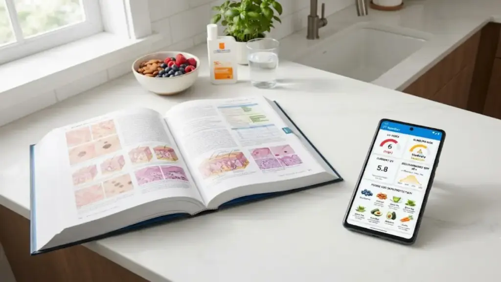open-dermatology-book-placed-next-to-a-smartphone-showing-uv-metrics
