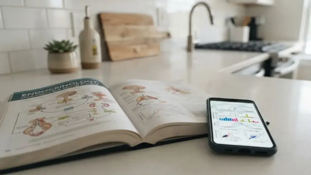 open-endocrinology-textbook-placed-next-to-a-smartphone-showing-hormone-charts-for-binge-eating-women
