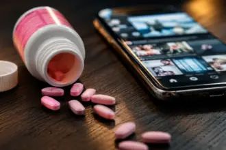 open medicine bottle and pink pills scattered on a wooden table hjn
